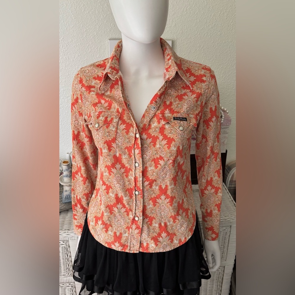 Lucky Brand Vintage Dungarees America Western Shirt Cotton Paisley Orange Size S